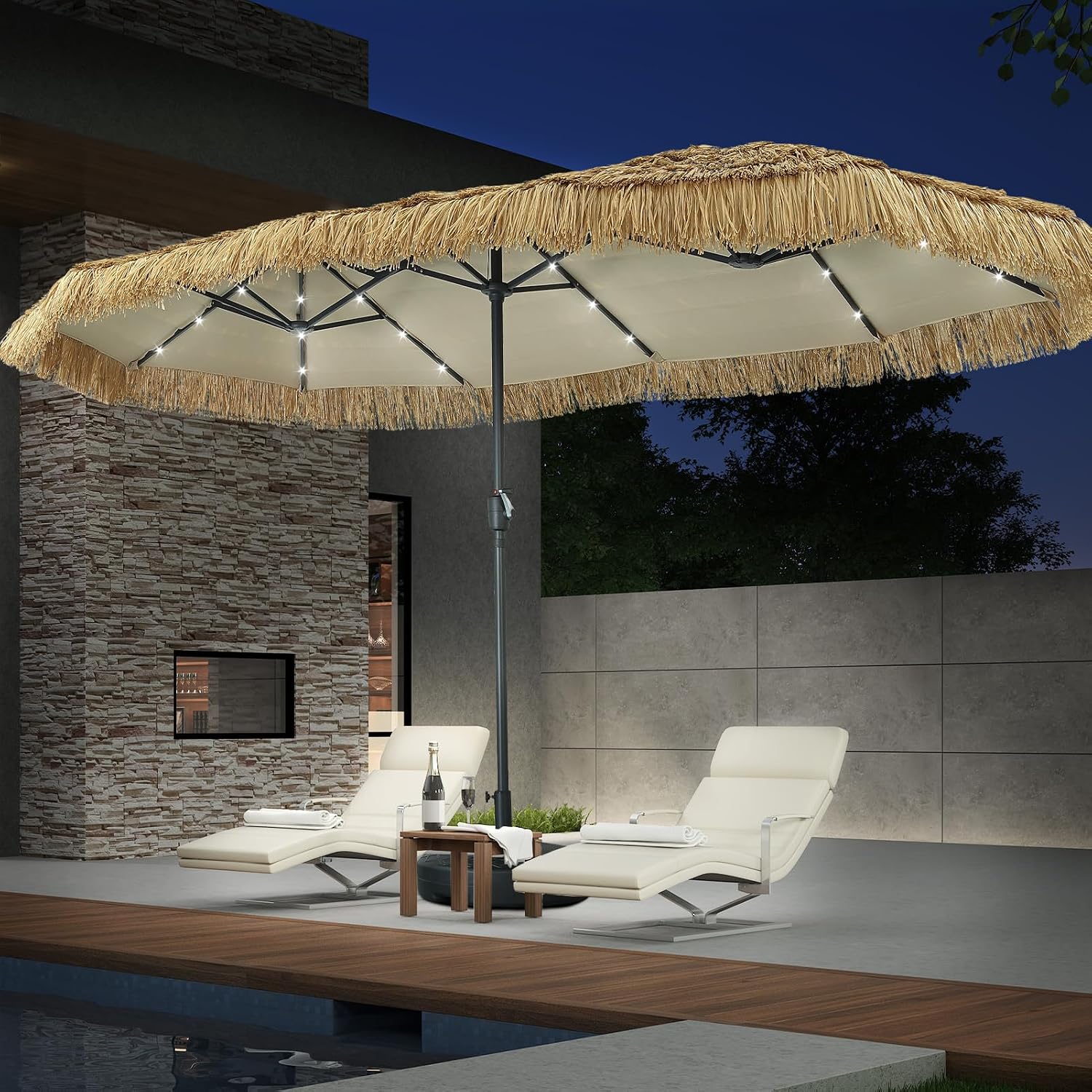 Outdoor Furniture Umbrella - 13ft rieten parasol met zonneverlichting, Tiki