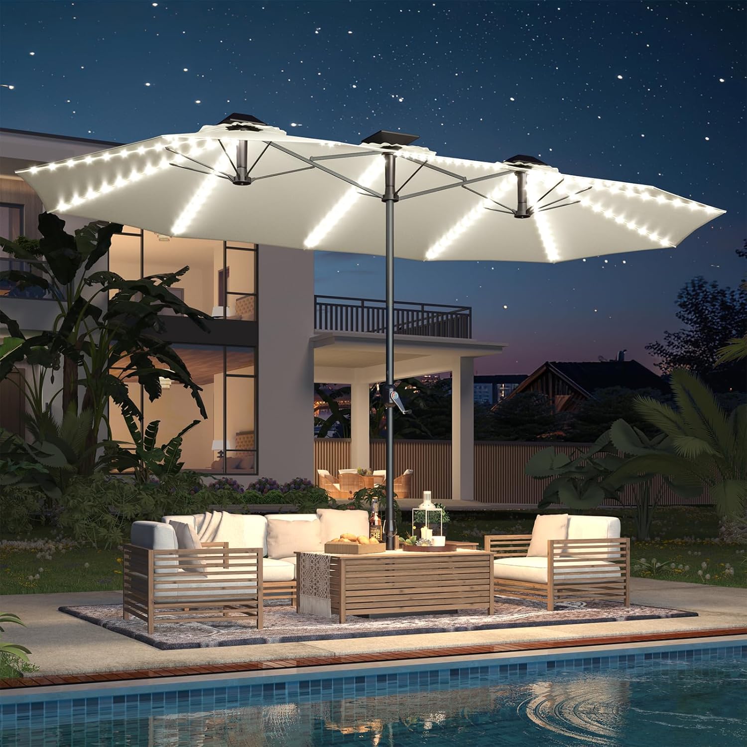 Outdoor Furniture Umbrella - 15ft rechthoekige terrasparaplu met zonne-LED-verlichting &