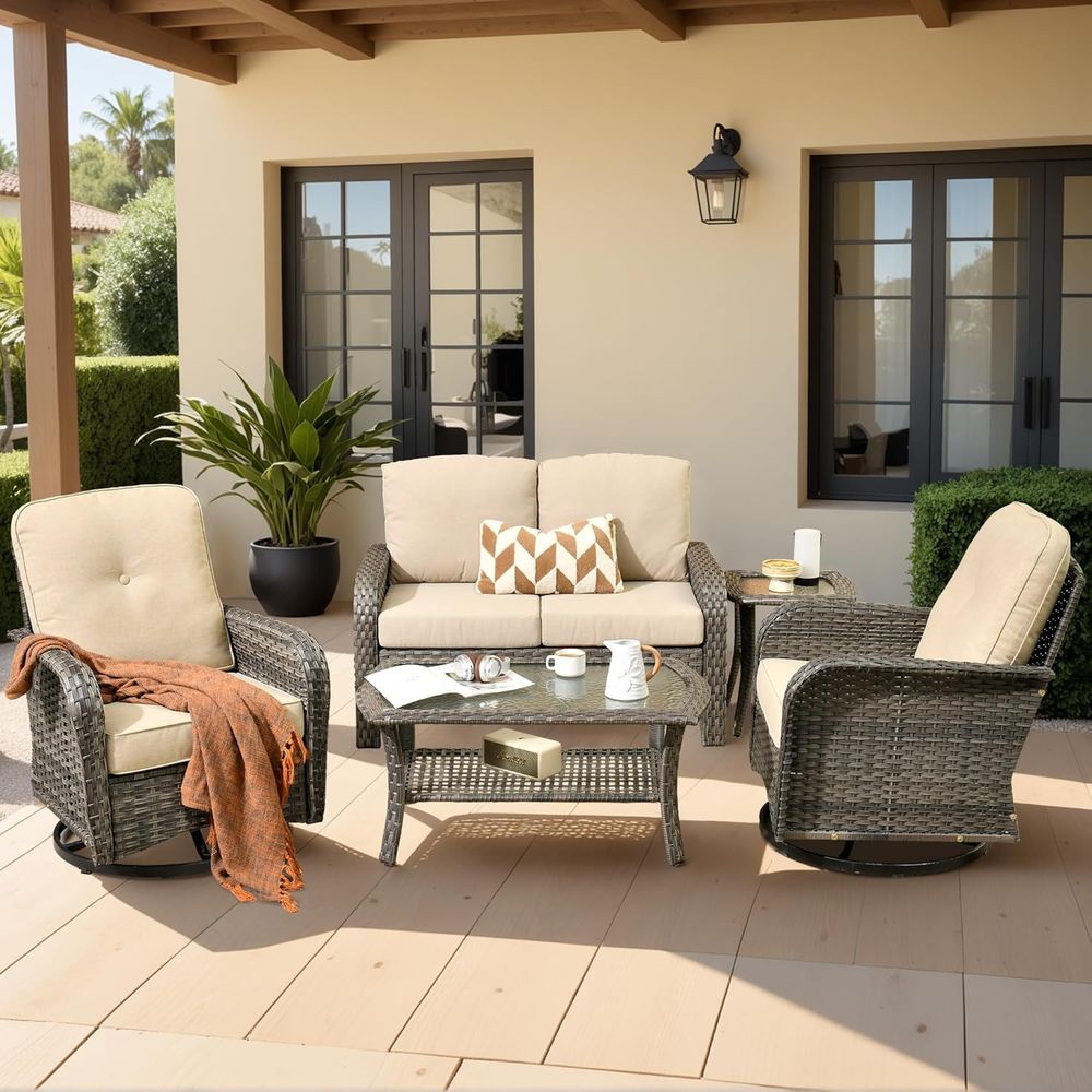 Outdoor Furniture Loveseat - 5-delige wicker tuinmeubelenset: draaibare schommelstoelen met