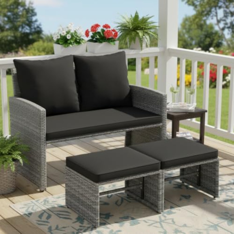 Outdoor Furniture Loveseat - Buitenbank met 2 voetenbanken, 3-delige patio